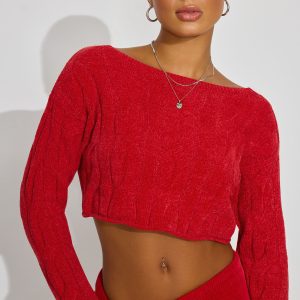 Cropped Cable Crewneck Sweater