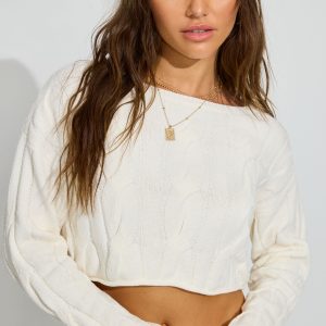 Cropped Cable Crewneck Sweater