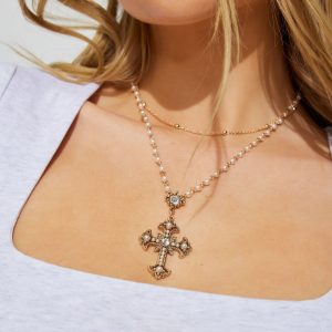 Set of 2 Pearl & Cross Rosary Necklace