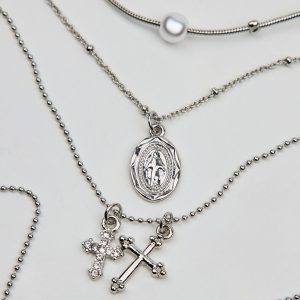 Set of 3 Pearl, Cross, and Pendant Necklaces