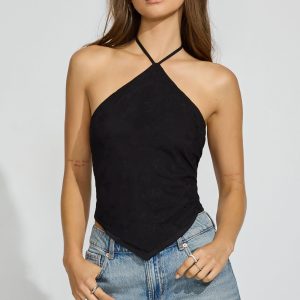 Y-Neck Embroidered Halter Top